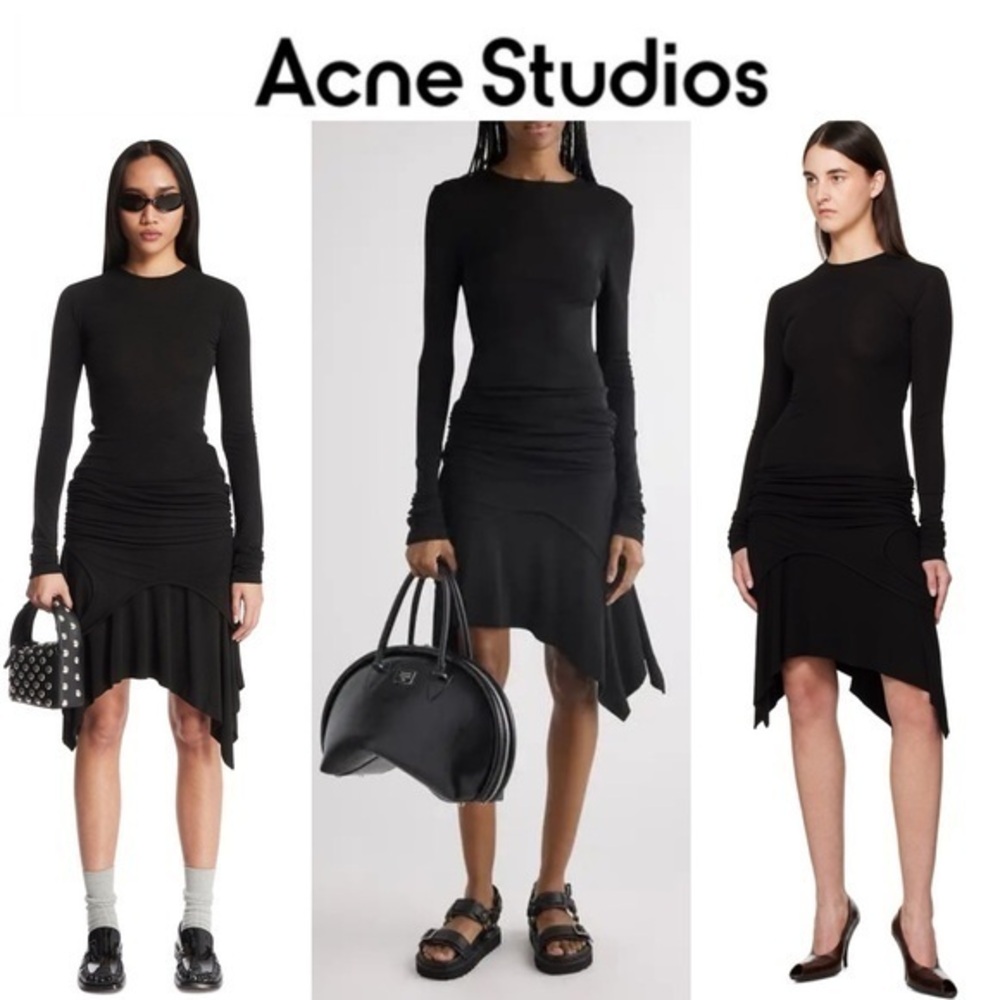 Acne Studios Long Sleeve Midi Black Asymmetrical Dress FR 36 Sz S 990$